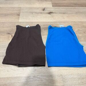 Cotton On Ribbed High Neck Crop Tank Top Bundle Brown Blue XS S 2 Pack